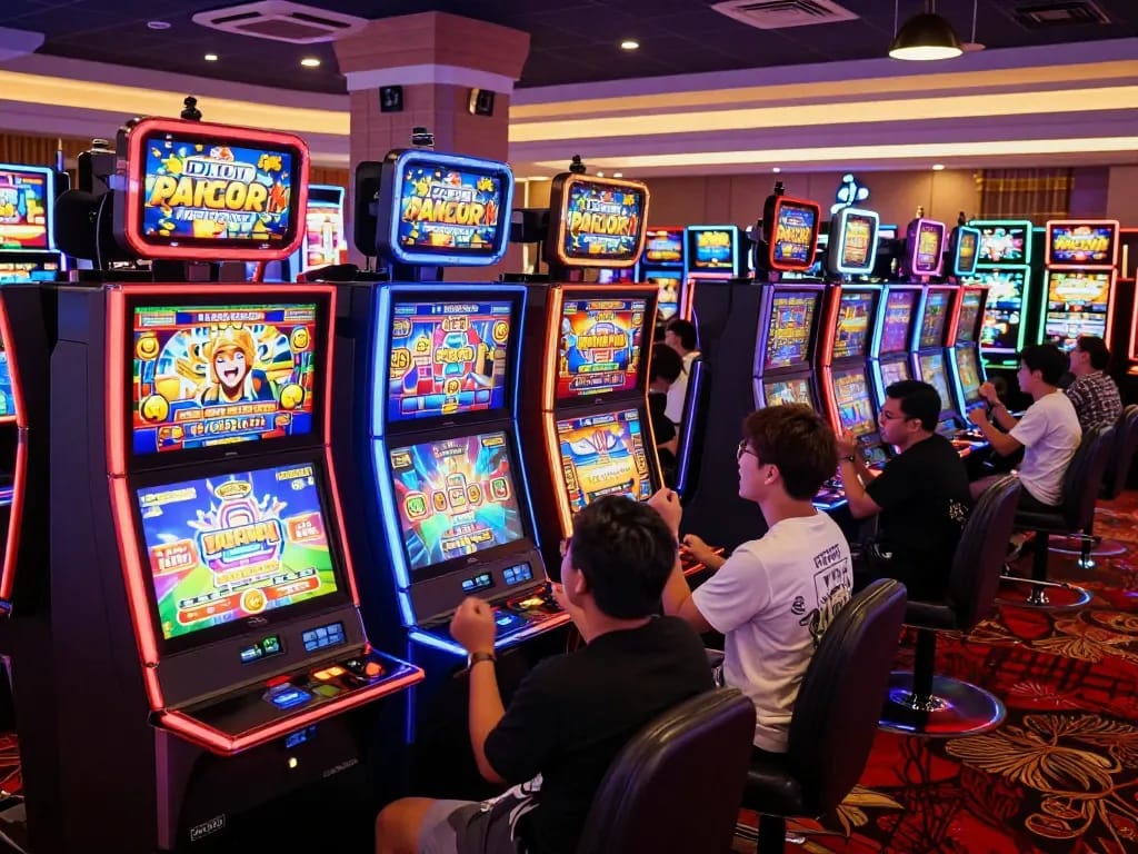 Players celebrating wins at colorful machines featuring slot gacor gampang menang in a lively casino.