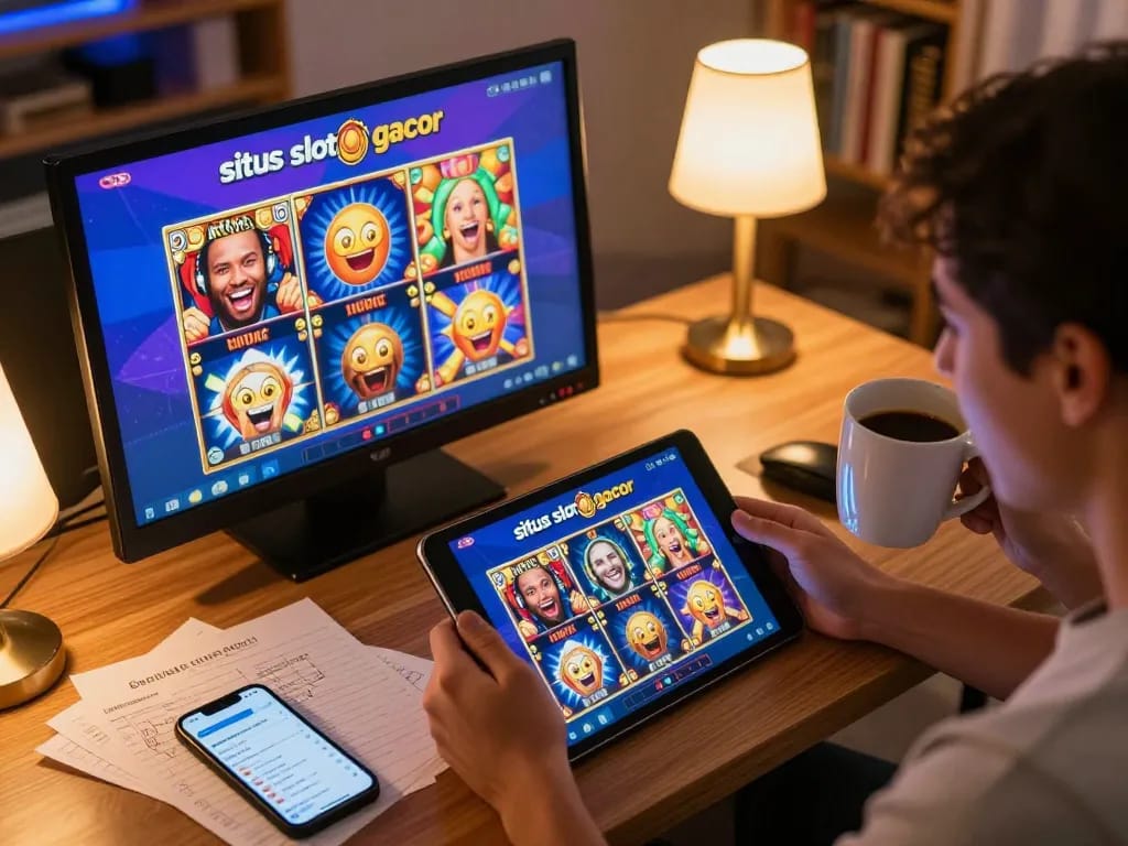 The player enjoys a situs slot gacor experience on their tablet in a cozy home gaming setup.