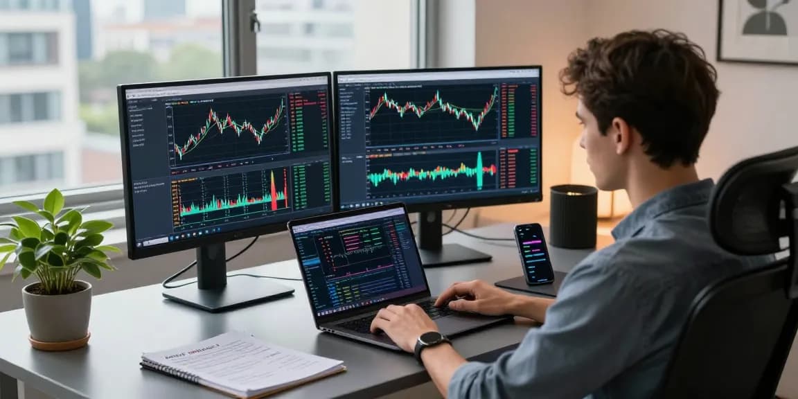 Focused trader utilizing MetaTrader 5 for market analysis and automated trading in a modern workspace