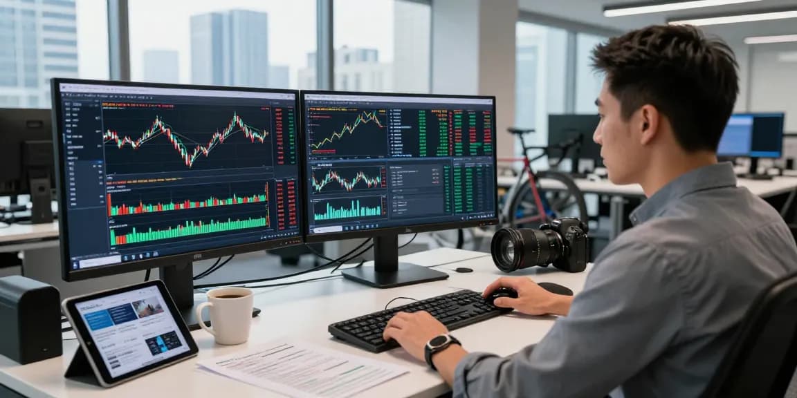 Engaged trader utilizing MetaTrader 5 platform for forex and stock analysis in a modern workspace