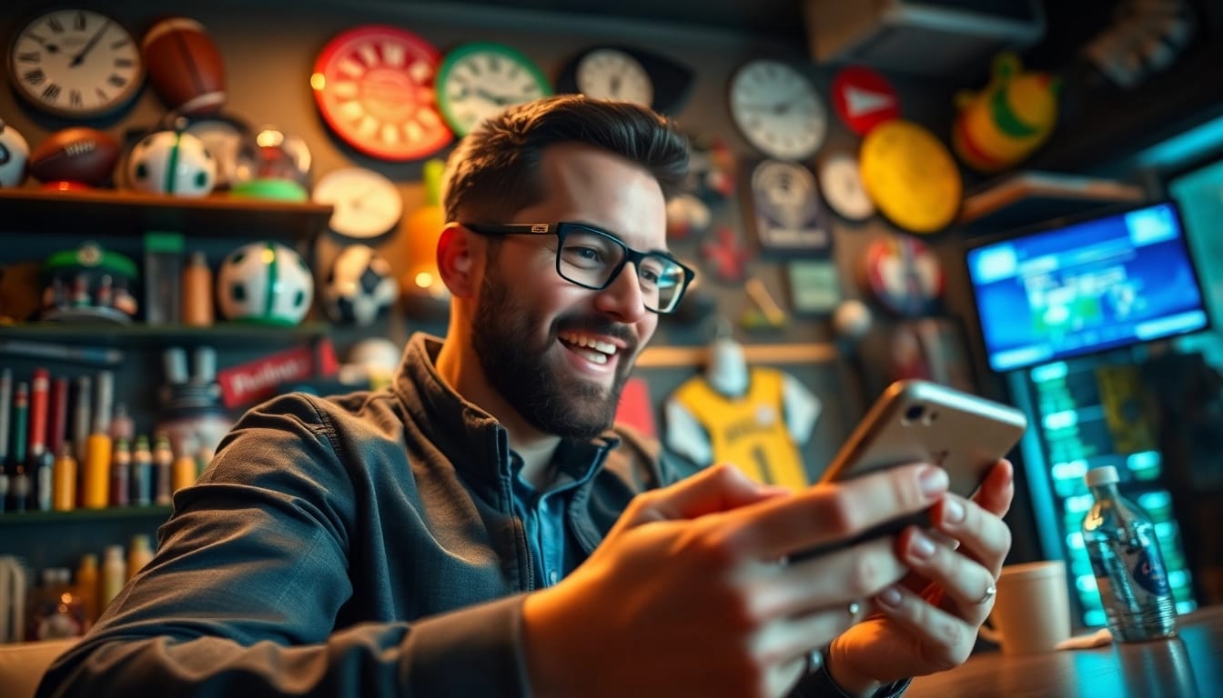 Enthusiastic bettor analyzing odds at online sportsbooks Alabama in a lively modern atmosphere.