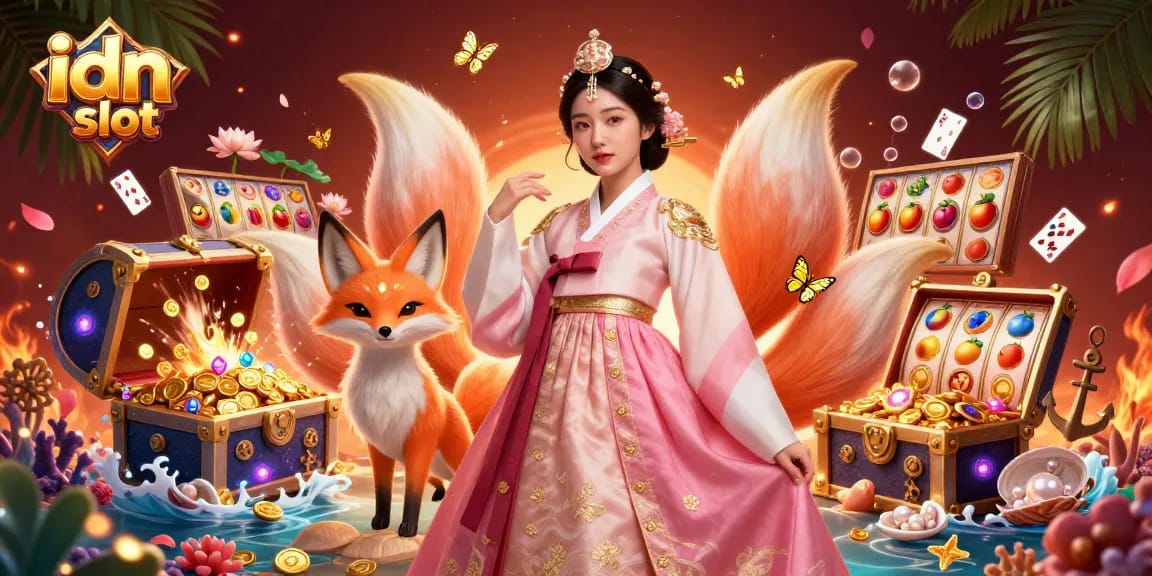 Experience excitement in idn slot with a vibrant scene of an Asian woman, golden fox, treasures, and immersive casino elements.