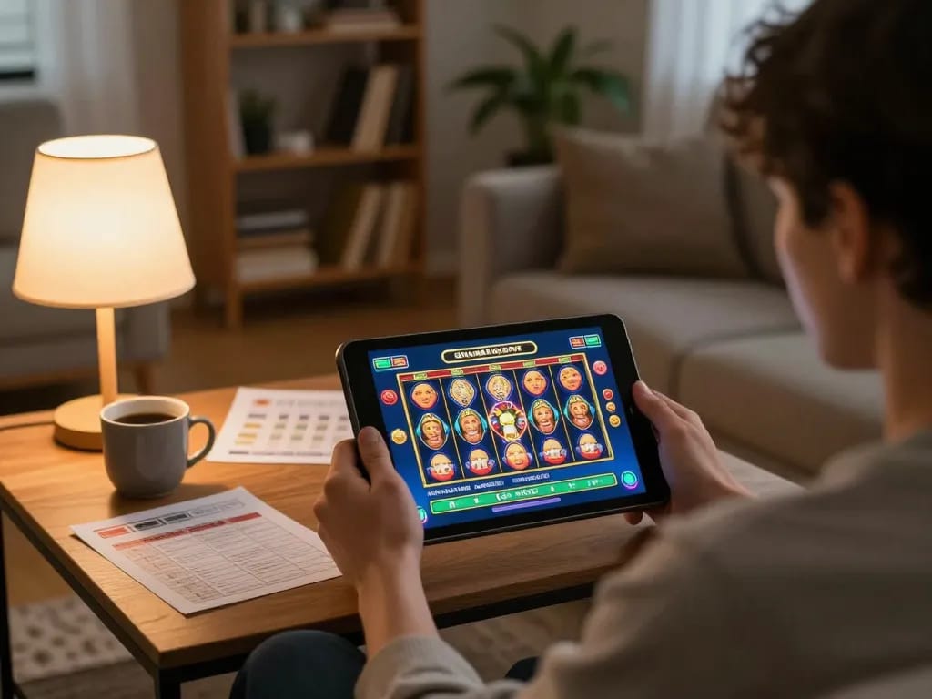 Engaging in online casinos in Canada reddit gaming at home with a tablet, cozy atmosphere