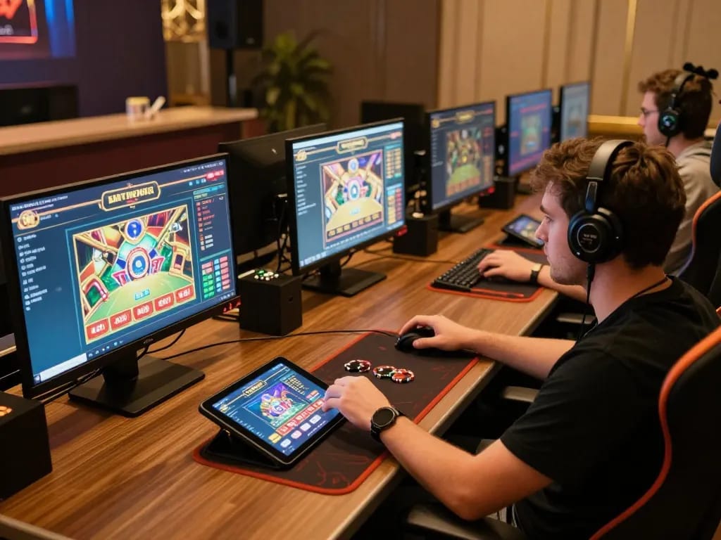 Engaged player immersed in casino online esteri gameplay on multiple screens, showcasing a modern gaming setup