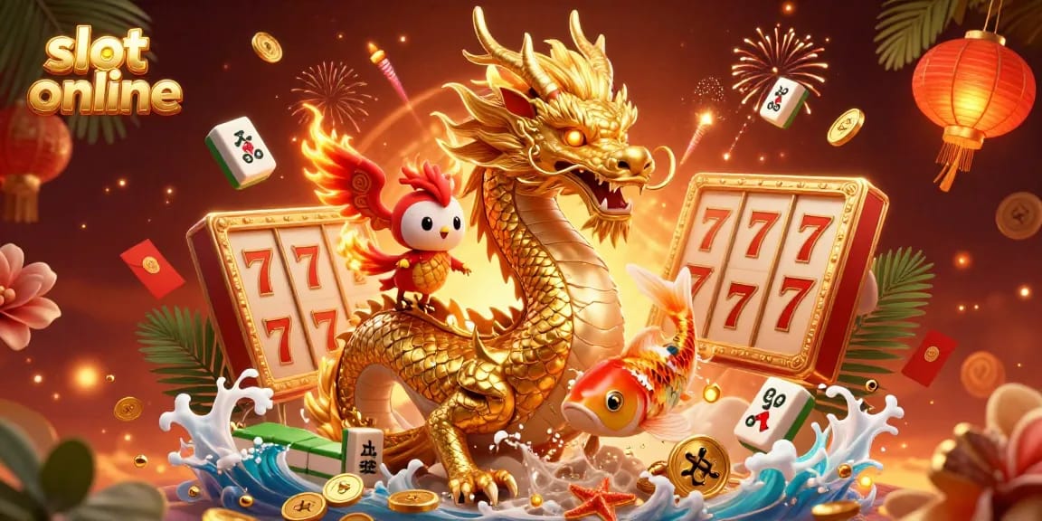 Experience the excitement of slot online with a dynamic scene featuring a golden dragon, flaming phoenix, and coins flying.