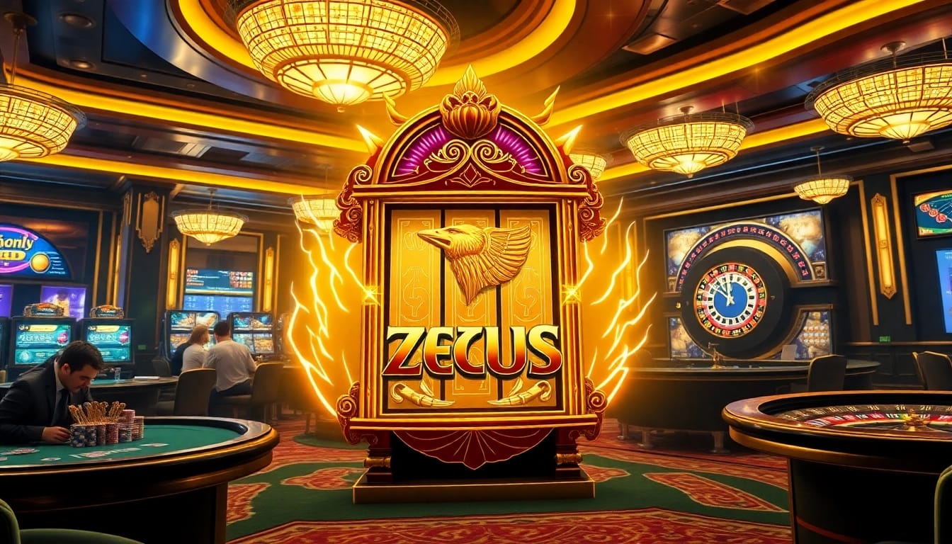 Pemain menikmati Zeus Slot dalam suasana kasino yang seru dengan pencahayaan yang berwarna-warni.