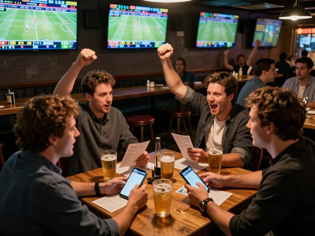 Engaged patrons at a sports bar explore 7m betting strategies while enjoying live games