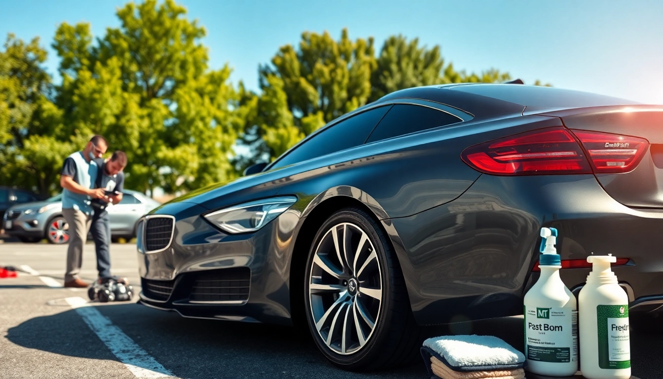 Experience auto detailing Cleveland TN with expert detailers meticulously cleaning a sleek car in the sunshine.