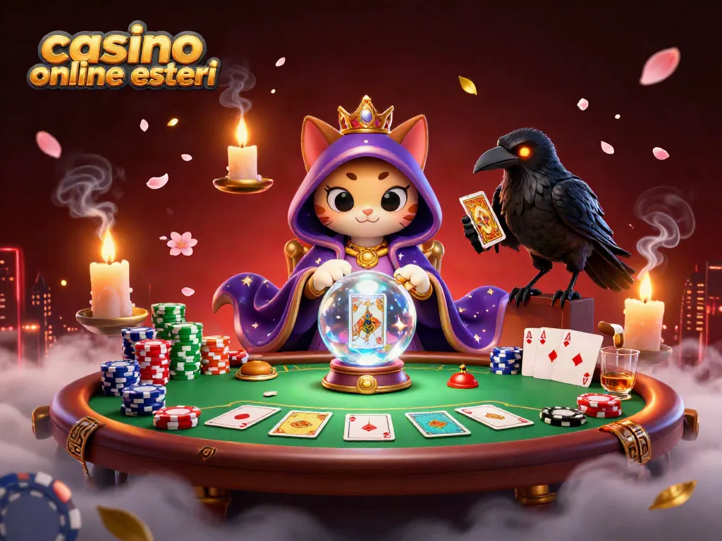 Gioca nei miglior casino online esteri con un gatto mistico e un corvo divertente che mescolano le carte al tavolo da poker.