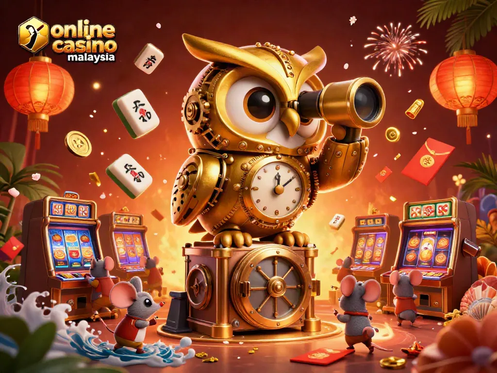 Experience the excitement at an online casino malaysia with a clockwork owl and vibrant game elements.