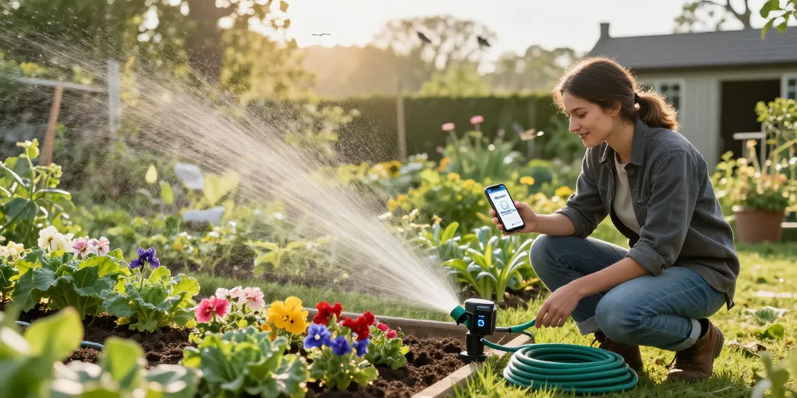 Garden scene with Rainpoint irrigation controllers setup for efficient watering in blooming flower beds.