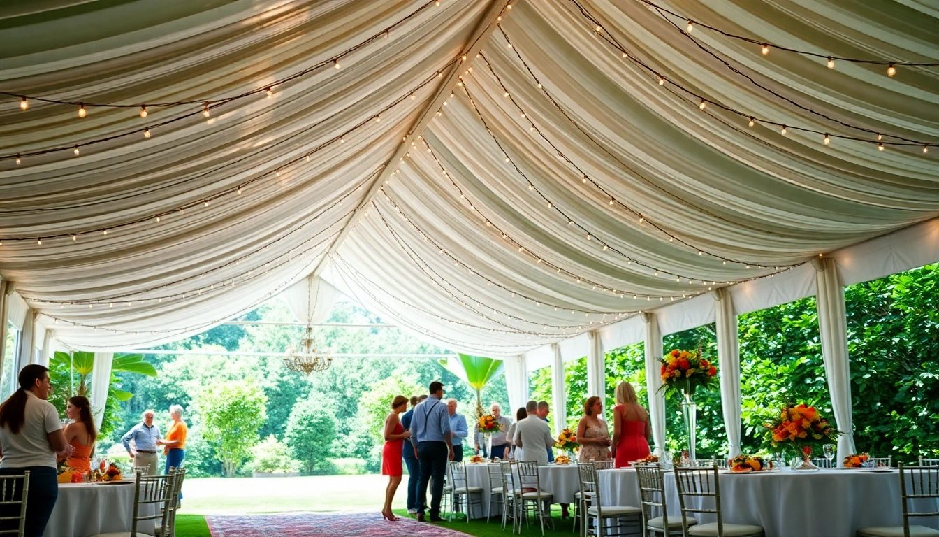 Guests enjoying Party Tent Rentals adorned with flowers and string lights in a garden.