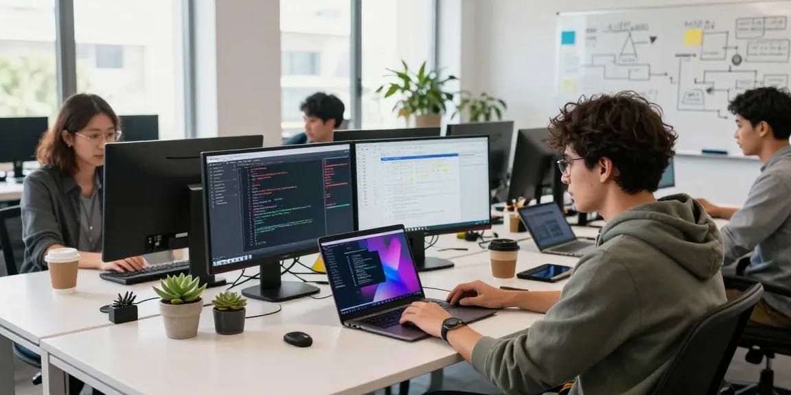 Developer using openclaw skill in a vibrant co-working space with tech gadgets and collaborative tools.
