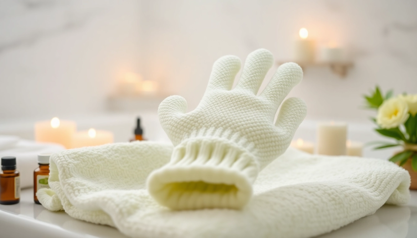 Use hand loofah glove to exfoliate skin for a refreshing, spa-like experience at home.