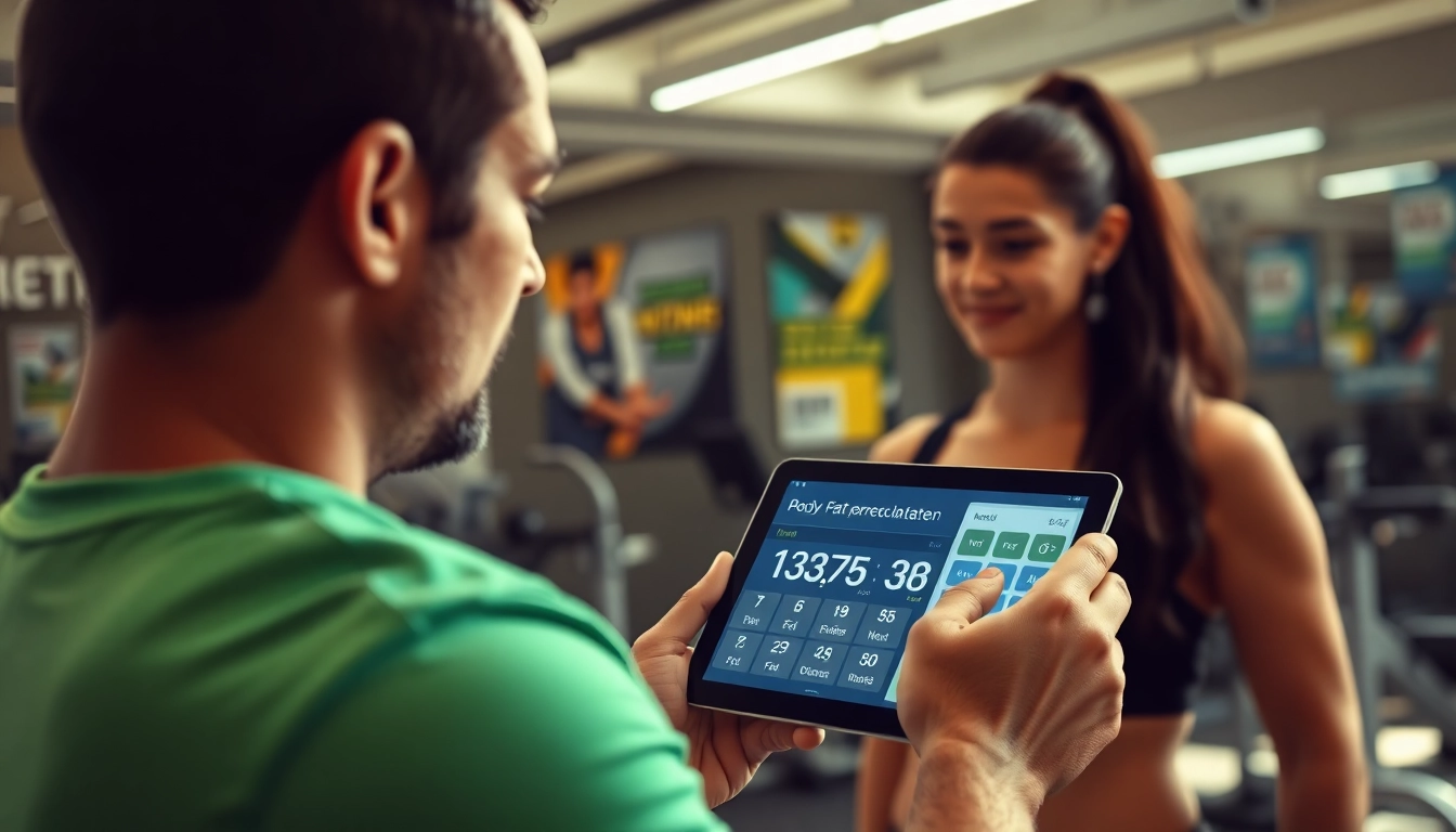 A fitness coach demonstrating the body fat percentage calculator on a tablet to a client
