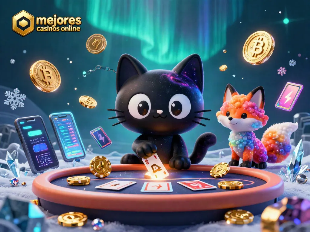 Explora los mejores casinos online con una escena vibrante de un gato negro cósmico y un zorro nebuloso.