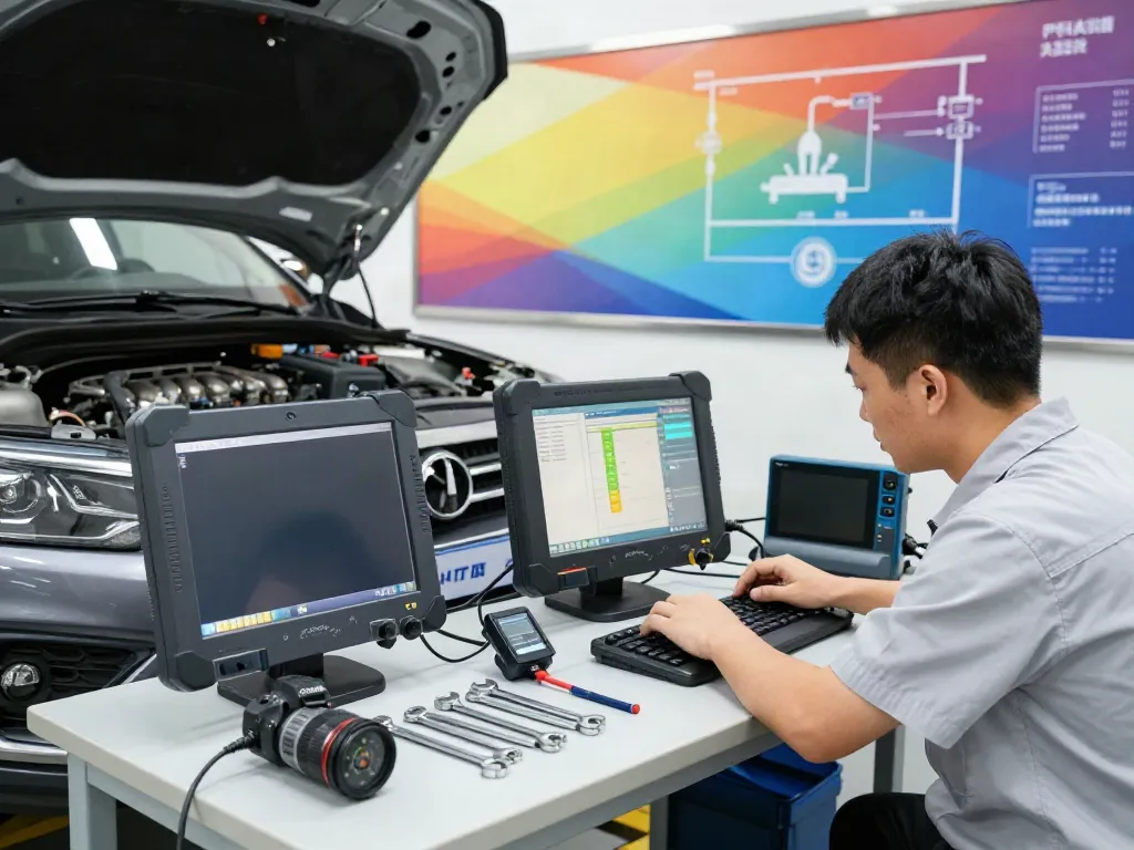 Techniker, der DPF-Regeneration in einer Werkstatt durchführt, mit verschiedenen Werkzeugen und einem Diagnosescanner.