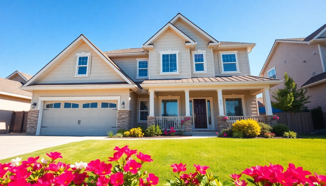 Real Estate agent presenting a stunning property with beautiful landscaping and bright sunlight.