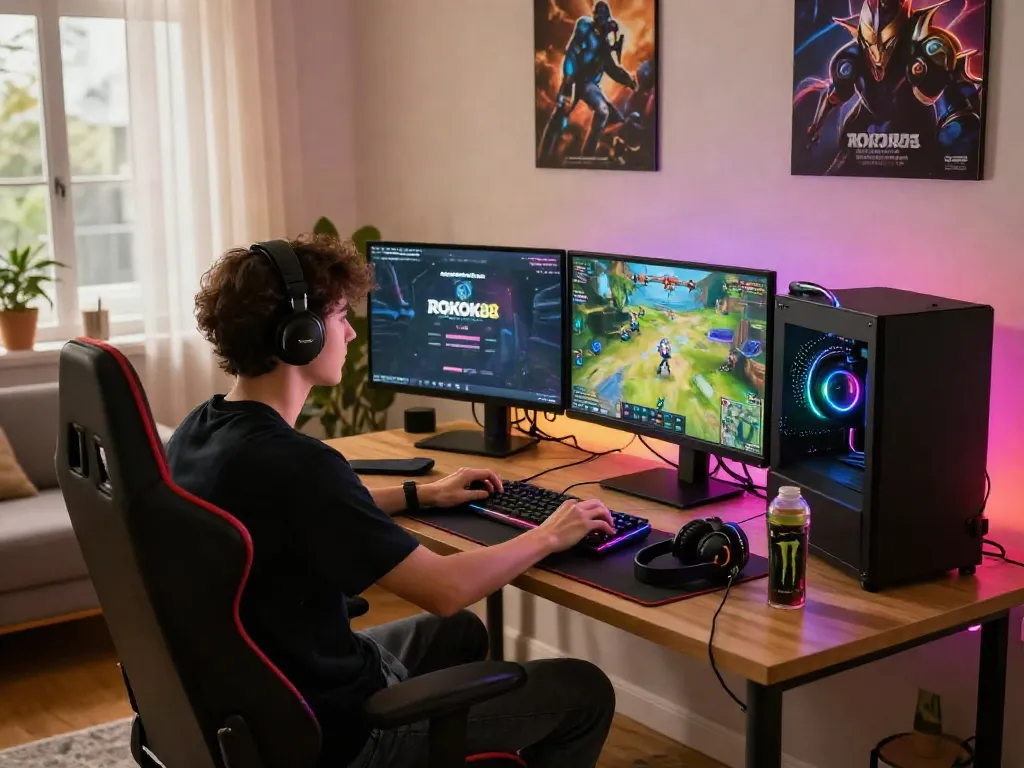 Young adult using rokok88 login on dual monitors in a vibrant gaming setup.