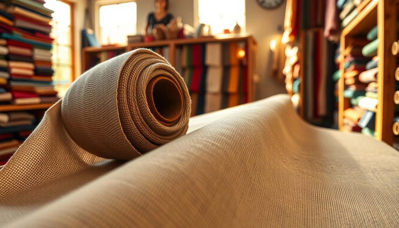 Rol katoen met unieke textuur en kleuren in een artisanale stoffenwinkel.