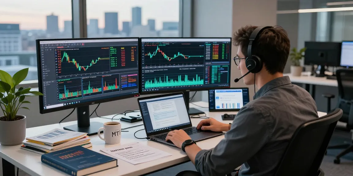 Trader analyzing mt4 forex charts in a modern workspace filled with trading tools.