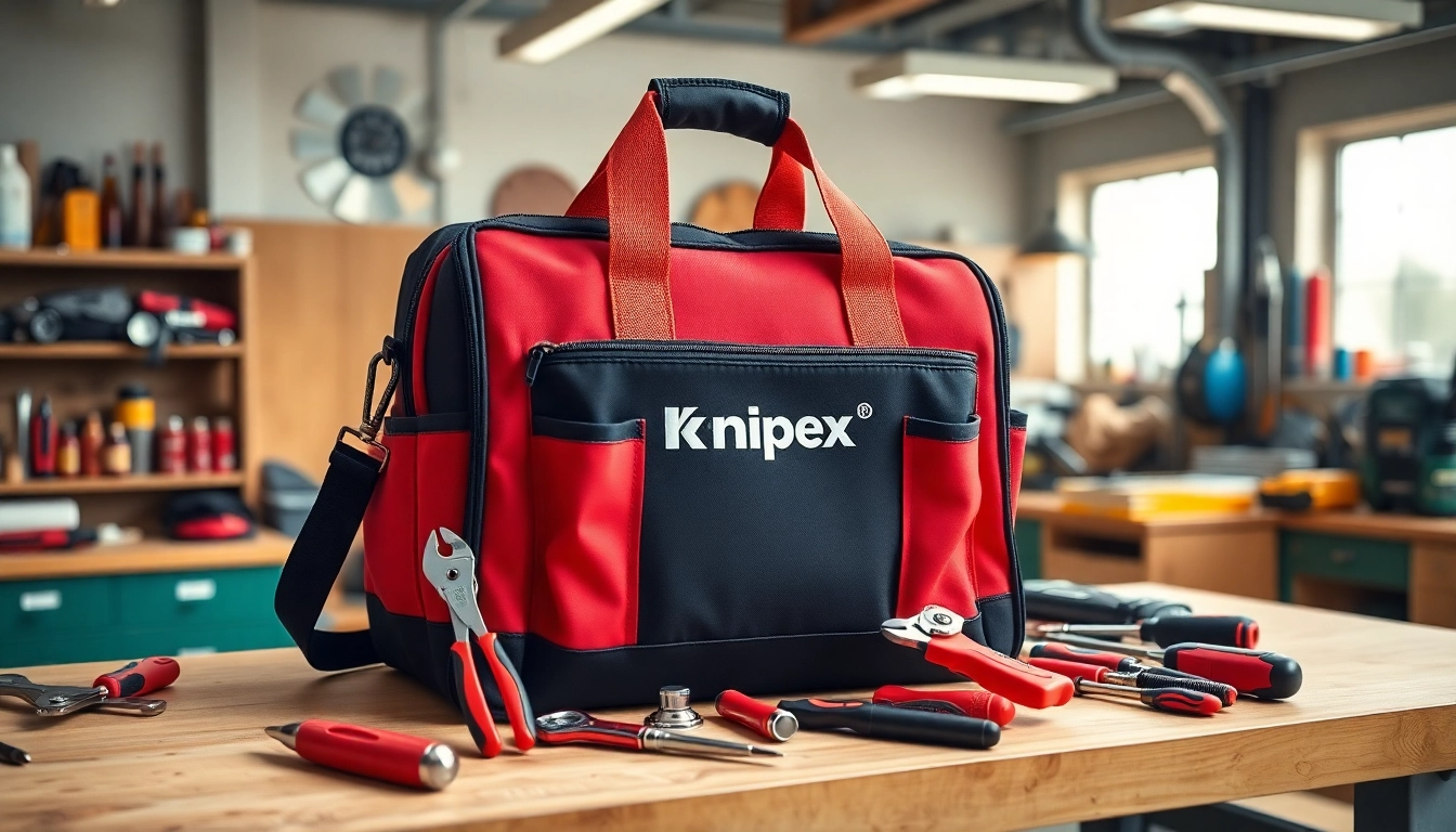 Knipex tool bag organized with premium tools on a workshop bench, demonstrating versatility and craftsmanship.