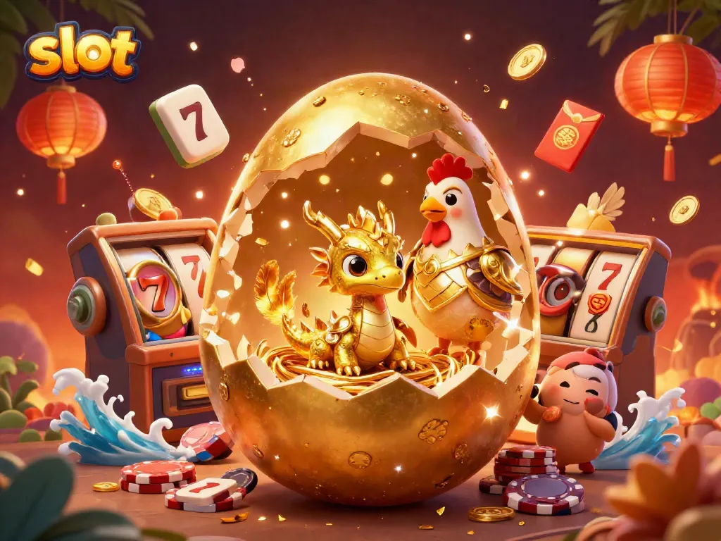 Slot menunjukkan naga emas kristalisasi dan ayam pelindung di atas chip poker.