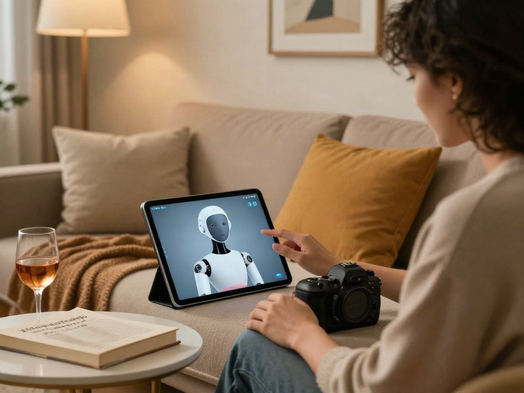 Engaging with a sex bot on tablet in a cozy home setting, showcasing modern relationship technology.