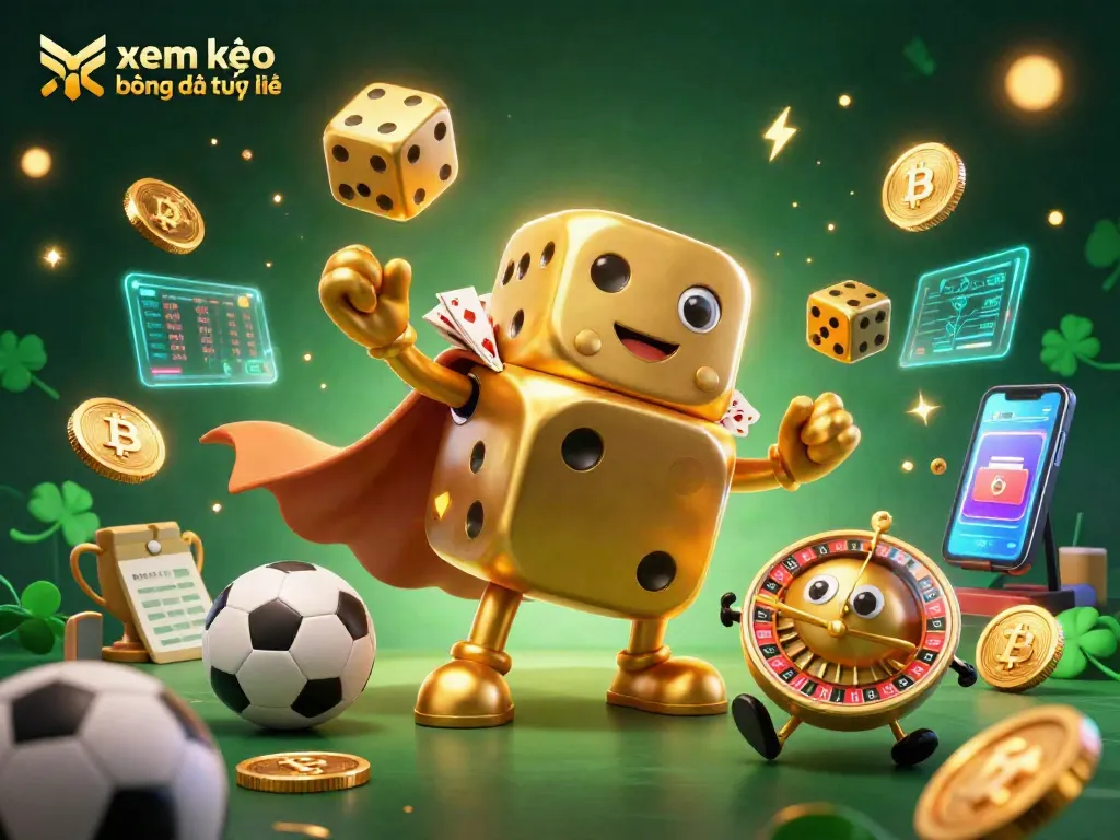 Xem kèo bóng đá trực tuyến với hình ảnh 3D sinh động, quả dice vàng và biểu tượng thể thao