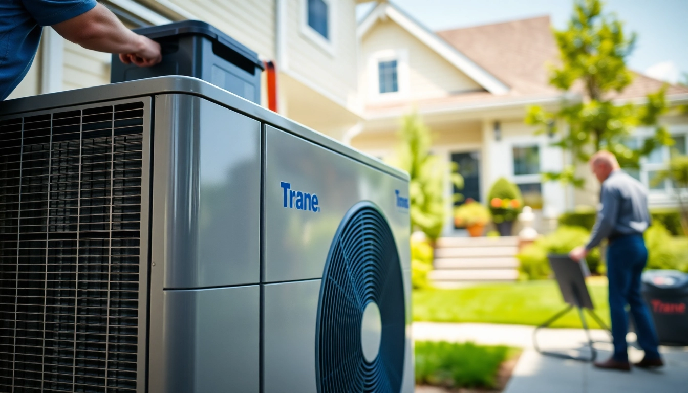 Installing Trane heat pump with technicians in a modern suburban home