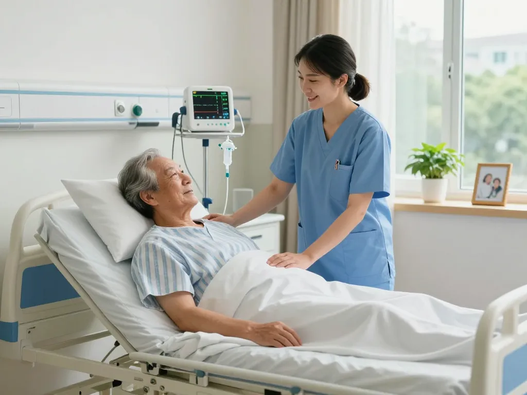 Comfortable giường bệnh nhân in a bright hospital room with a caregiver adjusting its features.