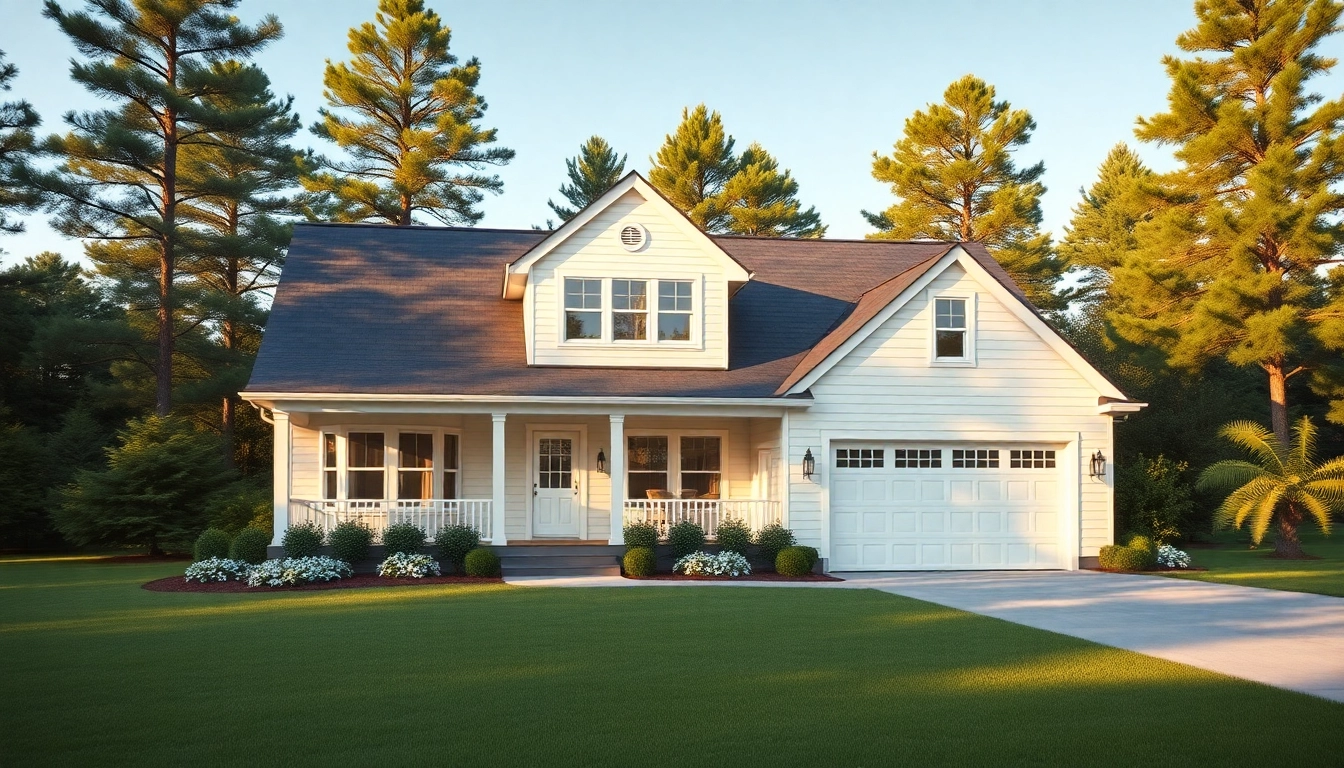 Elegant cape cod home showcasing an attached garage amidst lush greenery.