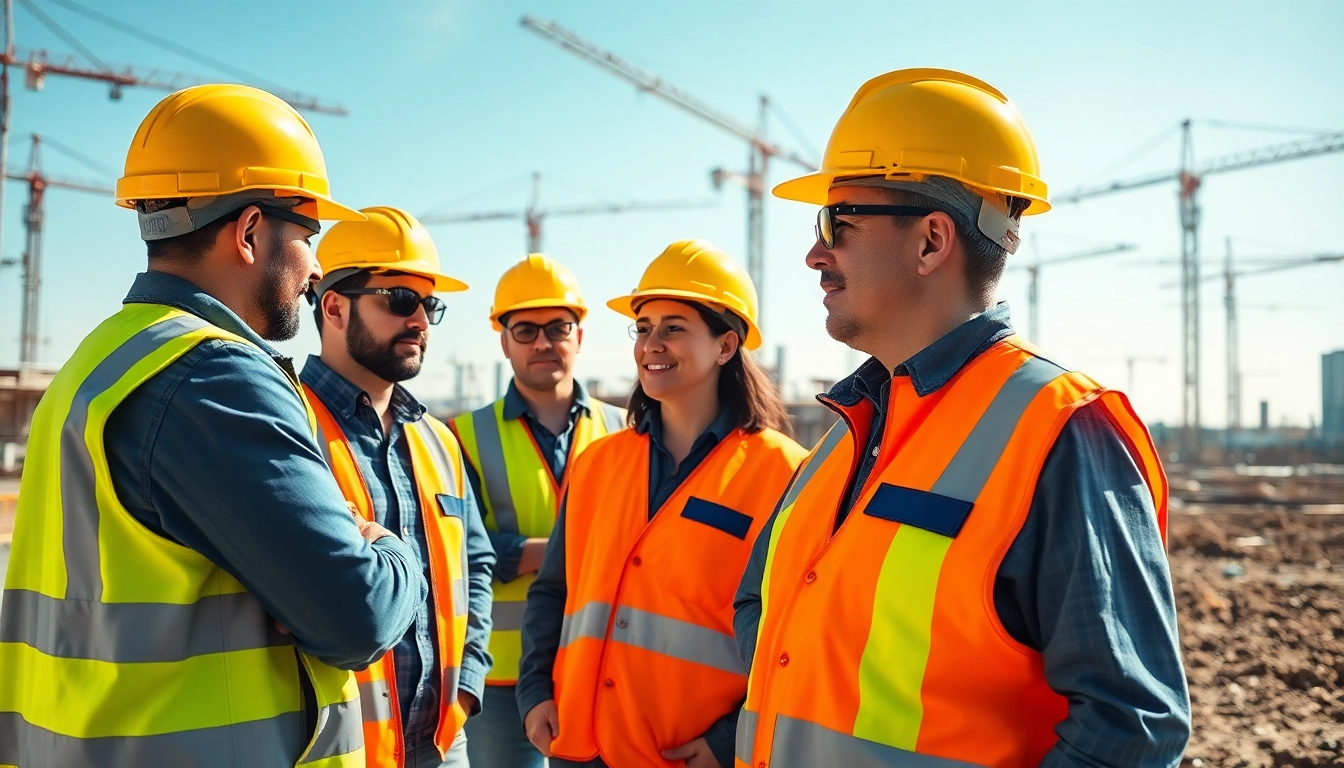 Workers demonstrating construction site safety measures in a diverse environment to promote safety.