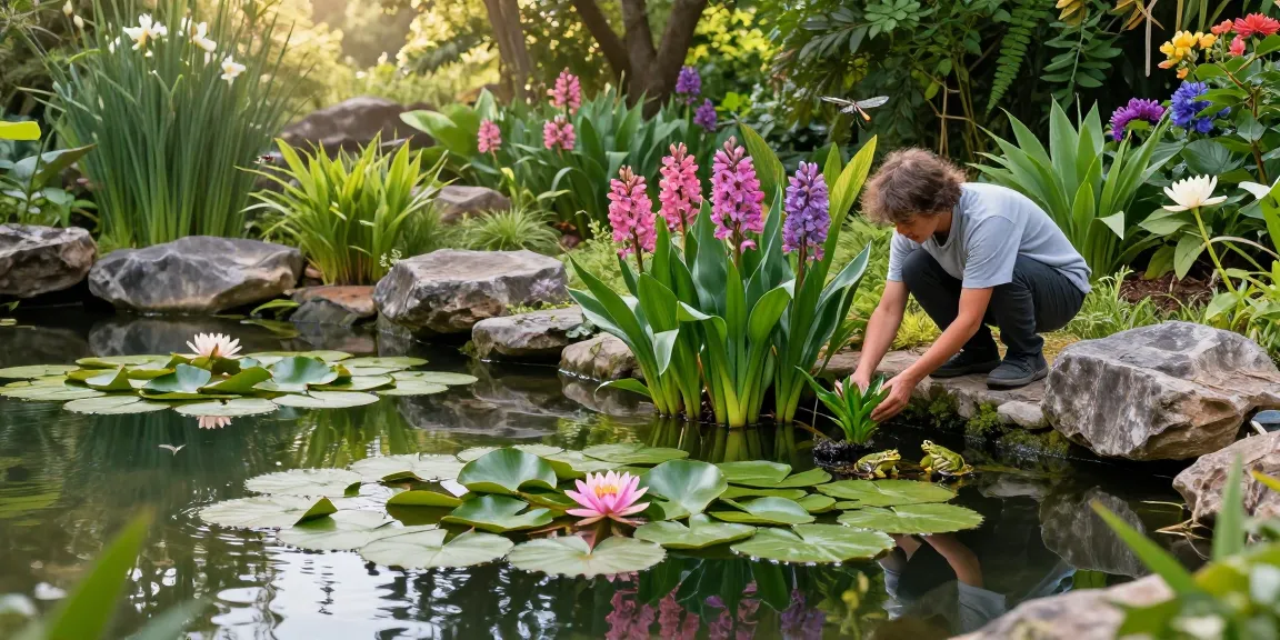 Pond plants flourishing in a peaceful garden pond with a gardener planting water lilies.