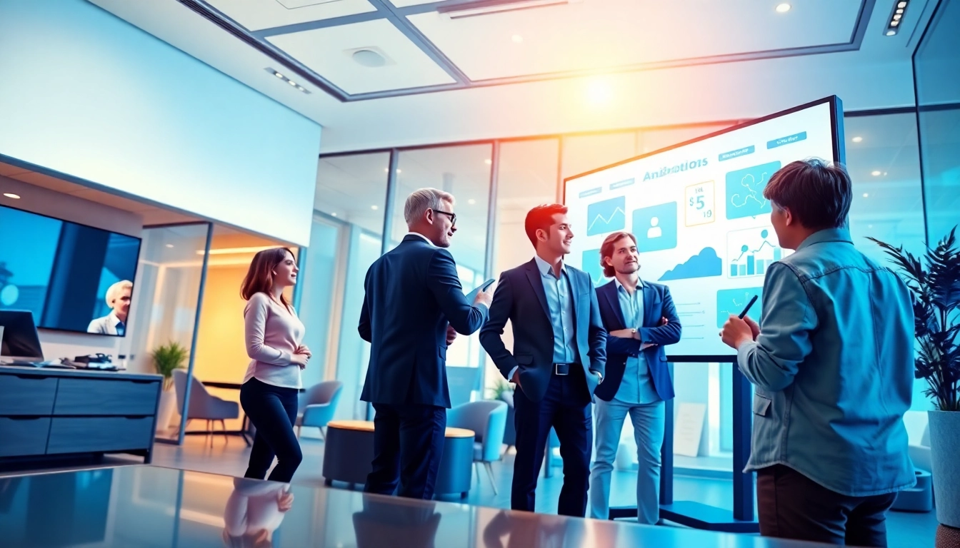 Unternehmensanimation zeigt ein kreatives Team bei der Entwicklung innovativer Ideen in einem modernen Büro.