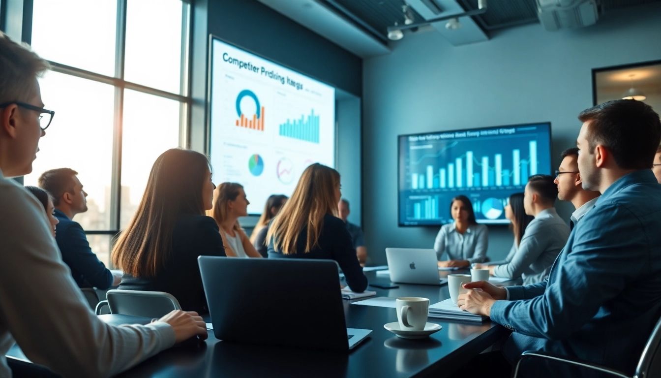 Evaluate competitor pricing strategies with a dynamic team discussion in a modern office setting.