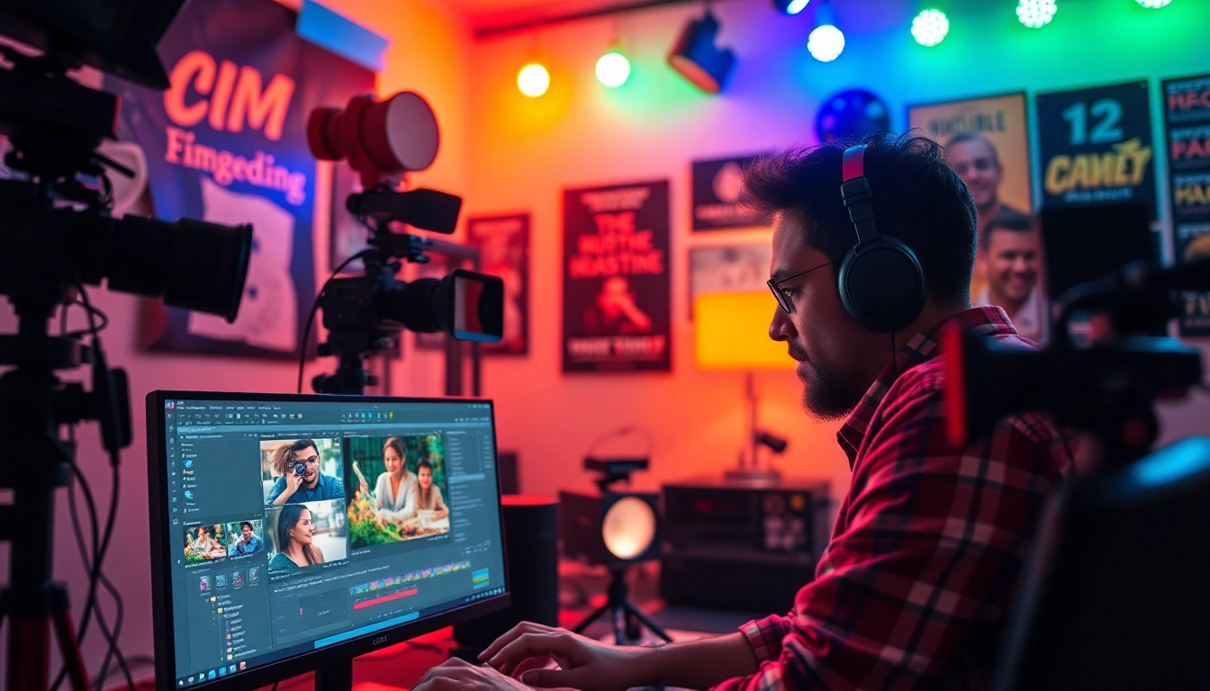 Film Maker focused on editing with vibrant studio background, showcasing creativity and technology.