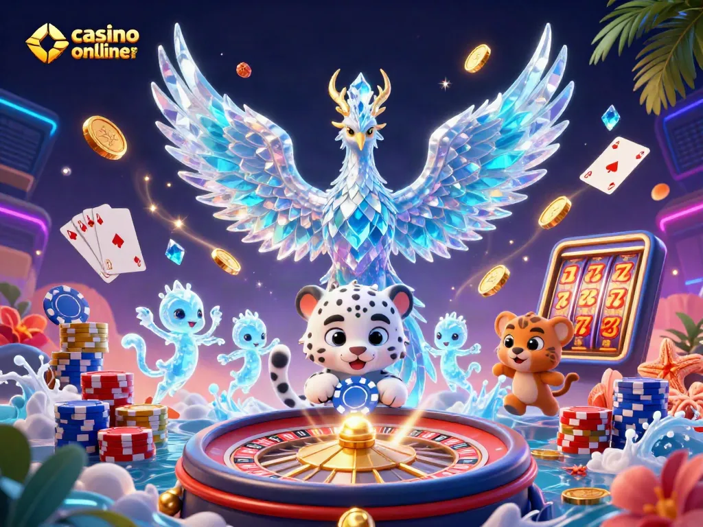 Casinò online esteri senza KYC, con un fenice di ghiaccio e un cucciolo di leopardo giocando con un chip.