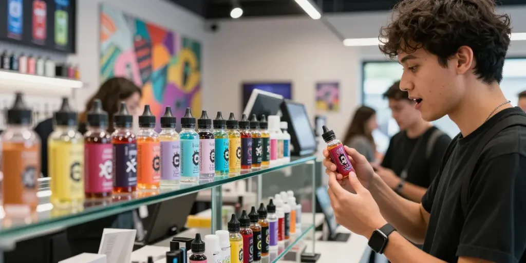 Exploring a vibrant vape shop with 2x vape juice flavors on display.
