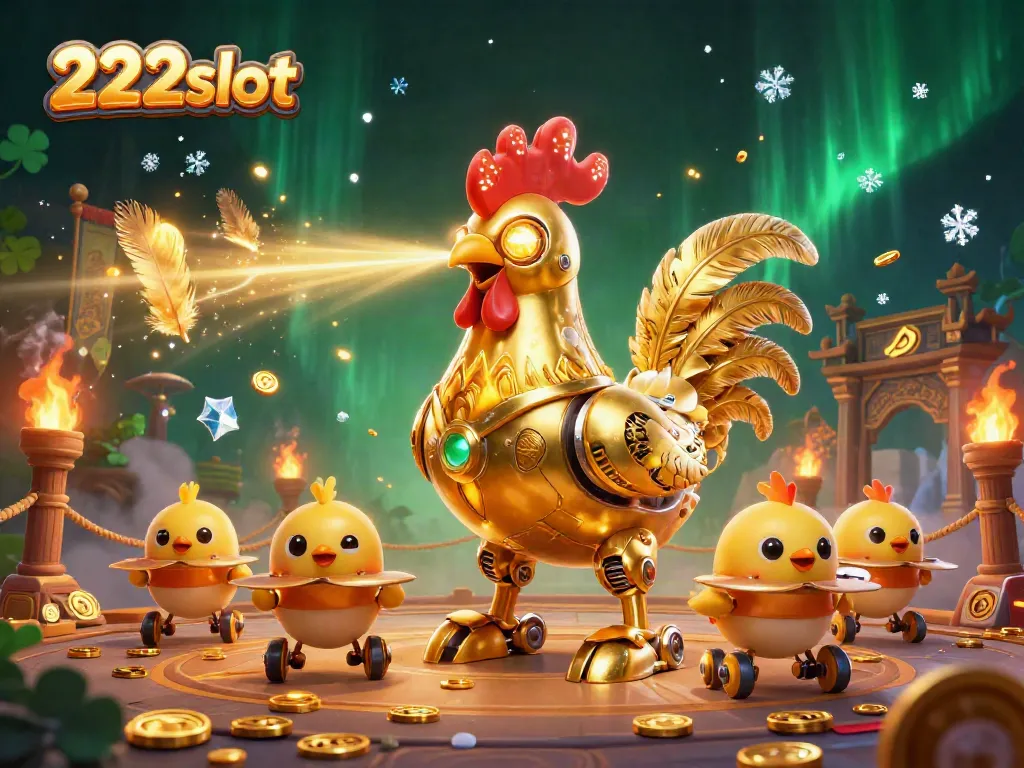 Game seru 222slot dengan robot ayam emas dan drone mengikuti, melawan di arena slot.