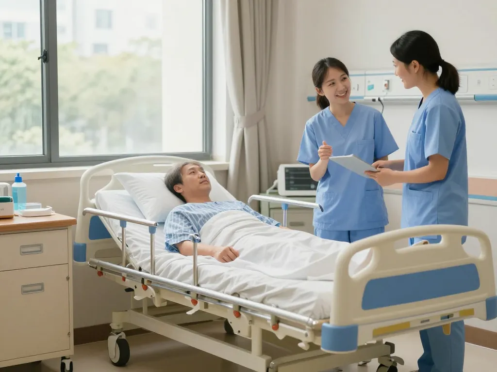 giường bệnh nhân in a healing hospital room with soft natural light, conveying care and comfort