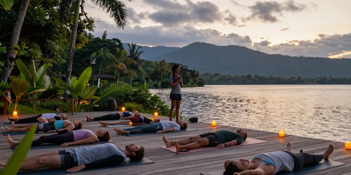 YACEP yoga course Sri Lanka participants practicing yoga at sunset.
