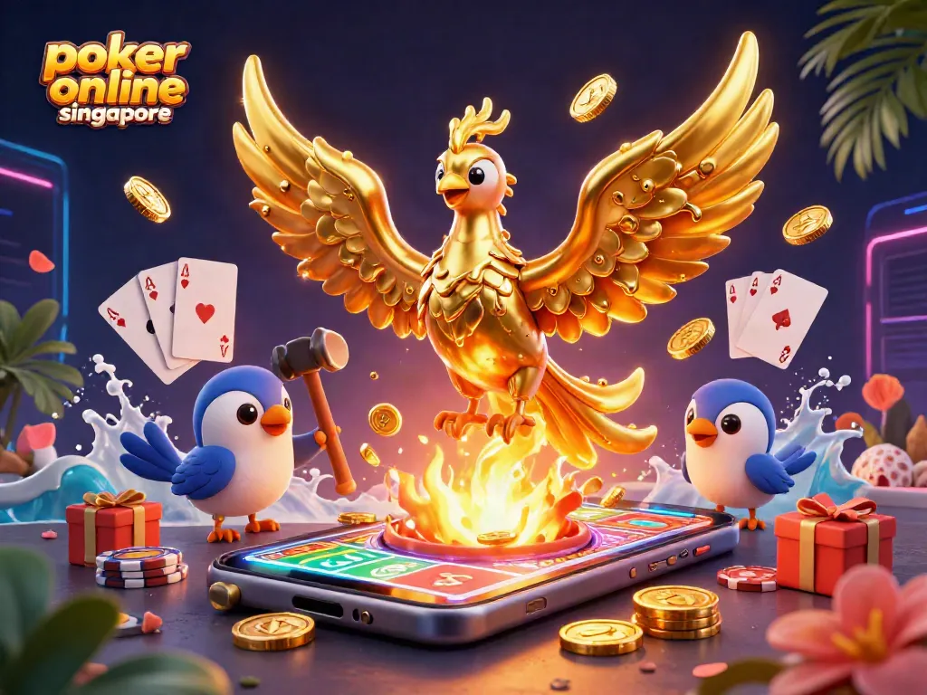 Experience poker online Singapore with vibrant casino-themed 3D illustration, featuring poker chips and smartphone games.
