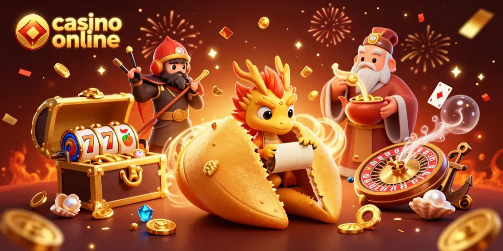 Casinò online con un drago saggio e un biscotto della fortuna che leggono un'antica profezia mentre il mondo del gioco si anima attorno a loro.