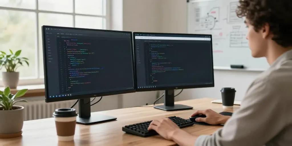 Developer using the brave浏览器 on dual monitors in a modern workspace.
