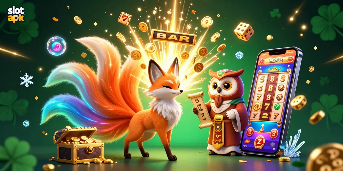 Spin the reels with slot apk in this dynamic casino scene bursting with color, coins, and festive decorations.
