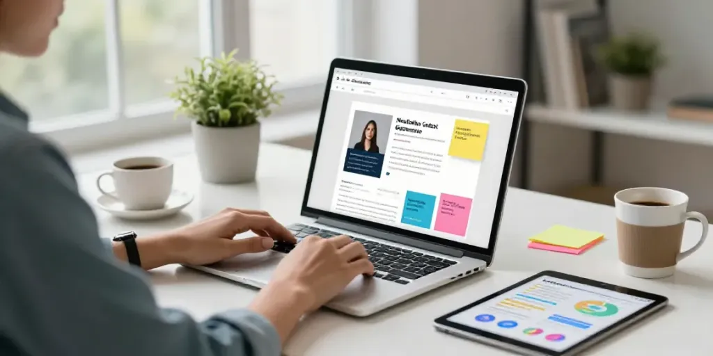 Creative workspace with a content creator using an AI newsletter content generator and analytics display.