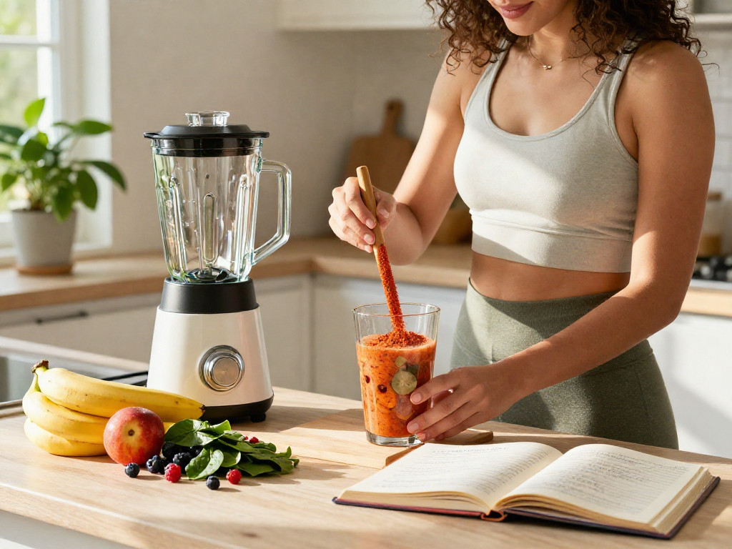 Preparing a vegan astaxanthin smoothie with fresh fruits in a bright kitchen.