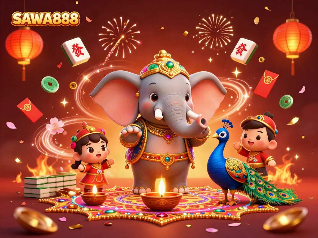SAWA888 casino excitement unfolds with a celebratory elephant, peacock, and rich gaming elements.
