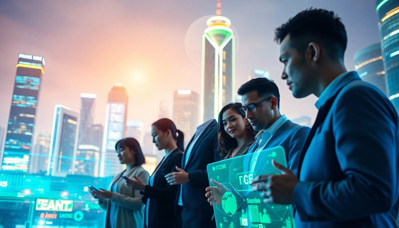 Visualize technology collaboration with diverse individuals interacting with holograms in a futuristic city.